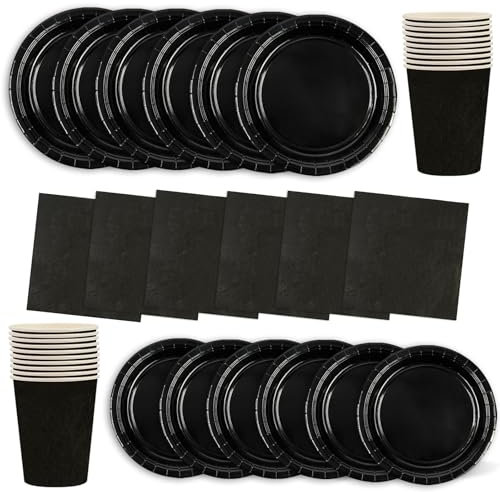 64Pcs Black Paper Plates,Solid Color Disposable Party Tableware Set Include Plates Napkins and Cups Dessert Plates for Thanksgiving Day Halloween Wedding Table Decorations