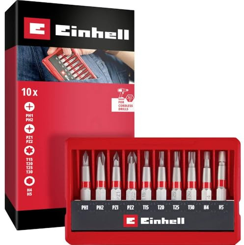 Einhell 10-tlg. Bit-Set, Pocket-Set, 50 mm | PH / PZ / T / H | 50-mm-Bits | sandgestrahlter S2-Stahl | E 6.3-Schaft | inkl. Kassette mit Aufstellfunktion