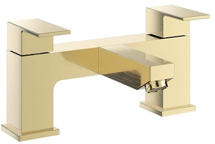 VeeBath Mist Square Bath Filler Mixer – Modern Brushed Brass Finish, Dual Lever Control, Solid Brass, G3/4 BSP Inlet, Deck Mounted Square Bathroom Taps, Sink Mixer Tap for Bathroom
