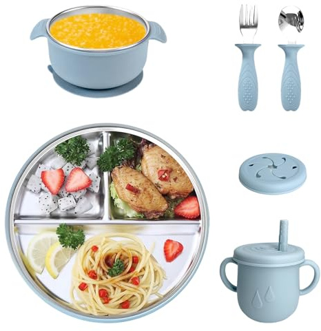 Set di stoviglie per bambini, in acciaio inox, ciotola, tazza per imparare a bere, cucchiaio, con ventosa in silicone rimovibile (senza BPA e lavabile in lavastoviglie), a prova di perdite