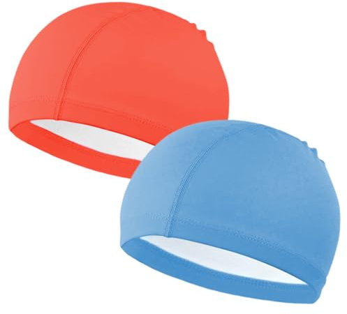 2 gorros de natación unisex de tela impermeables para cabello largo y corto (naranja y azul)