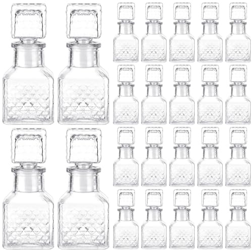 Chuangdi 24 Pcs Mini Glass Wine Bottles 1.7oz Glass Decanter Tequila Bottles with Stopper Decorative Tequila Bottle for Patron Whiskey Vanilla Extract Wedding Baby Shower Party Favors(Square Style)