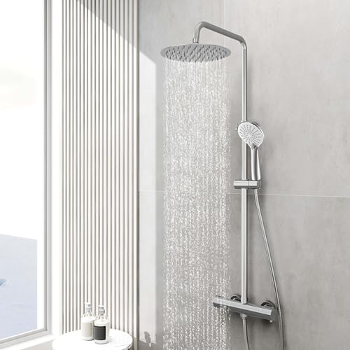Biubiubath Colonne de Douche Thermostatique, Ensemble de Douche avec Pommeau de 25 CM + Douchette 3 Jets, Hauteur Réglable, Chromé (chromé)
