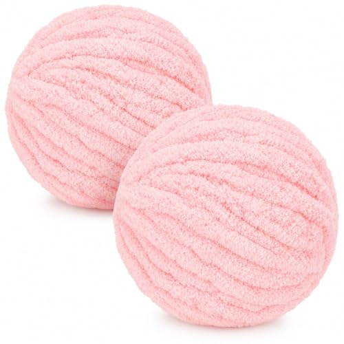 Dicke Wolle Chunky Yarn zum Handstricken 2 x 250g - Flauschiges Chenille Garn Handstrickwolle für Blanket Schals Armstricken, 2cm Dick XXL Wolle Weich & Warm Häkeln Dickes Garn Hellrosa