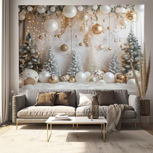 Groß Weihnachten Wandteppich, 200x150cm Wandbehang Weihnachtsbaum Luftballons, Tapisserie 3D Wandtuch Grauweiß Weihnachten Hintergrund Wandteppiche für Wohnzimmer Schlafzimmer Wohnheim Wanddeko
