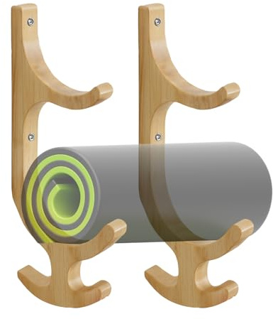 Yoga Mat Holder - Wooden Mount Organizer Rack Sturdy | Hook Design with Space Saving Construction for Gym, Studio, Home or Accessories Storage, 16.14x9.84in