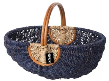 Henkelkorb groß oval Seegras blau natur geflochten Rattan Griff 50x34cm