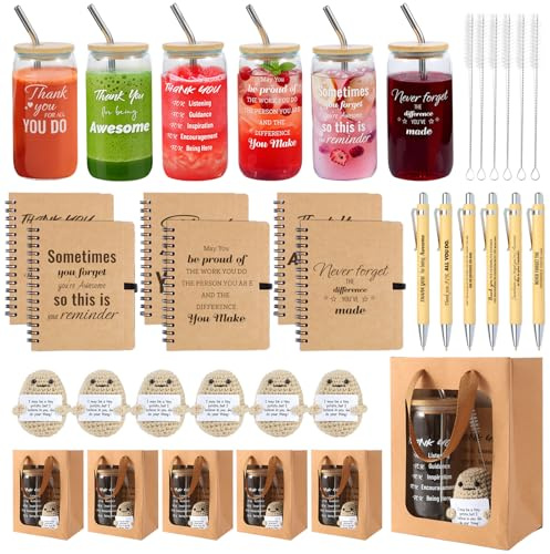 42 Pcs/6 Sets Employee Appreciation Gifts Bulk - Includes 16oz Glass Cups with Bamboo Lid, Positive Crochet, Inspirational Notebooks with Pens, Kraft Paper Gift Bags & Straw - Thank You Gifts for Coworkers, Teachers, Staff & Team