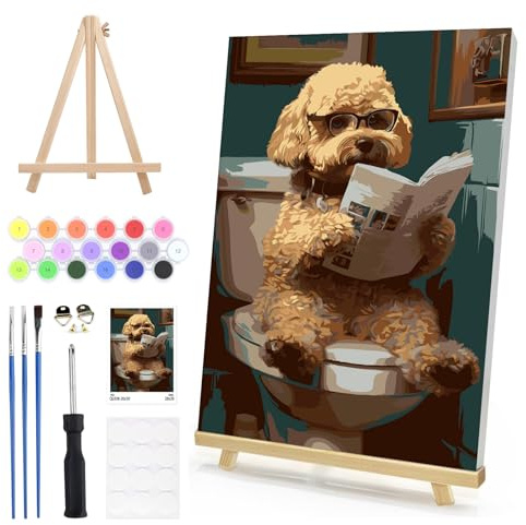 DAERLE Paint by Numbers for Adults Framed with Wooden Easel, Funny Dog Bathroom, Paint by Number Kits with Brushes, Dog On Toilet, Oil Painting Canvas Kits for Home Wall Decor 8X12 Inch