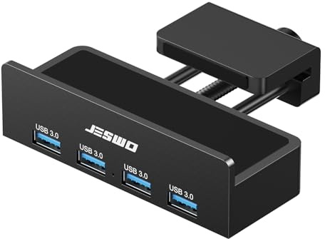JESWO USB Hub, USB 3.0 Hub mit Clip, 4 Port USB Verteiler aus Aluminium, 5V Stromanschluss und 150cm Kabel für Monitor, PC, Laptop und iMac