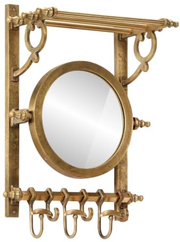 Kaloriko Porte-Bagages Mural en Aluminium Finition Laiton avec Miroir réglable 0 à 45 degrés, 6 Crochets Amovibles, étagère à Lattes 47 x 23 x 60 cm pour entrée, Chambre, vestiaire et Salle de Bain