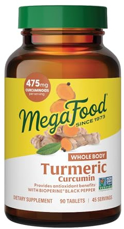 MegaFood Whole Body Turmeric Curcumin Supplement - Turmeric Supplement with Black Pepper & Vitamin C - 475 mg Curcuminoids Per Serving - Antioxidant & Immune Support - Vegan - 90 Tablets, 45 Servings