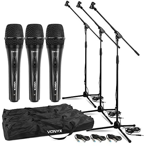 Vonyx Dynamic Microphone Set with 3 Microphones, Tripod Boom Stands, XLR-Jack Cables and Carry Bags – Ideal for Karaoke, PA Systems, Stage Shows & Band Performances (SSB6624)