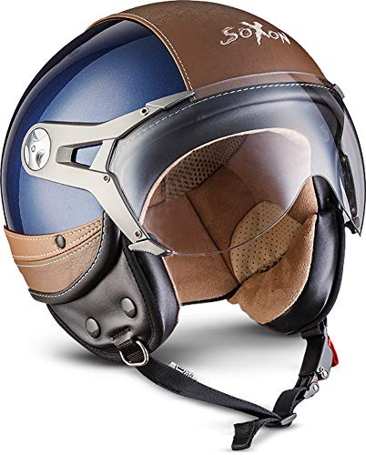 Soxon® SP-325 Urban „Blue“ · Jet-Helm · Motorrad-Helm Roller-Helm Scooter-Helm Moped Mofa-Helm Chopper Retro Vespa Vintage Pilot · ECE 22.05 Visier Leather-Design Schnellverschluss Tasche XL (61-62cm)