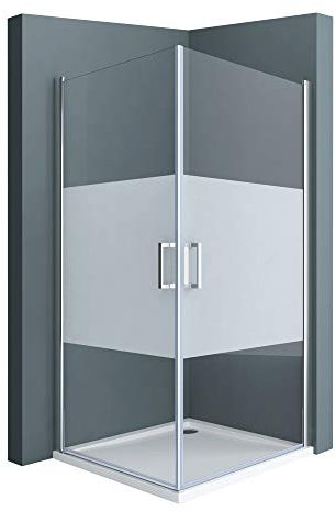 doporro Eck-Duschkabine Eckdusche 90x90x195cm Duschabtrennung ESG-Sicherheitsglas Milchglas Streifen inkl. beidseitiger Easy-Clean-Beschichtung Hebe- und Senkmechanismus Ravenna24MS