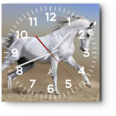 Modern Wanduhr Pferd weiß Tier 40x40cm Quadrat Groß Wand Uhr Glas Analog Zimmeruhren Küche Büro Wohnzimmer Glasuhr Wall Clock Dekoration Design Wanddekoration Küchenuhr C4AC40x40-0167
