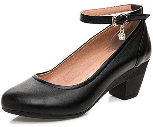 WUIWUIYU Femme élégant Escarpins Bride Cheville Boucle Bout Rond Mary Janes Chaussures -Noir 38