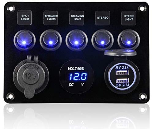 5 Gang Schalter Panel, 12V/24V Kippschalter Panel IP65 Wasserdichte LED Voltmeter Dual USB Buchse Ladegerät für Auto Boot Marine RV Truck Camper Fahrzeuge (Blau)
