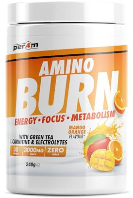 Per4m Amino Burn Powder | L-Carnitine, Cayenne, Green Tea, Pine Bark Extract & Caffeine | Increases Alertness & Attention | Suitable for Vegans | Sugar Free (240g, Mango Orange)