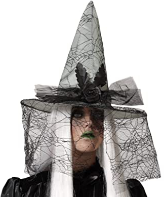 Atosa Hexenhut grau mit Spinnennetzschleier und dunkelrosa