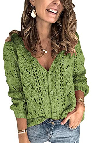 Tomwell Cardigans Femme Couleur Unie Grande Taille Manche Longue Tricot Évider Col en V Cardigans Pull Casual Col V avec Boutons Veste Chic Cardigan Chemise