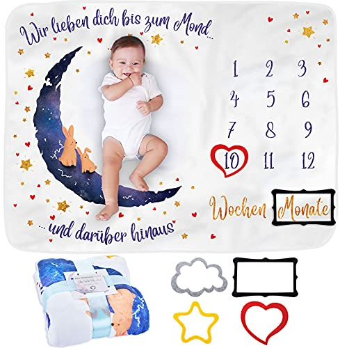 ODOXIA Baby Meilenstein Decke auf Deutsch | Monatsdecke Baby Junge & Mädchen, Unisex | Personalisiertes Party-Geschenk | Motiv Mond & Sterne | Weich | Babydecke | Monats-Decke Mit Rahmen