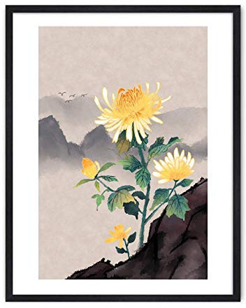 Din A4 Kunstdruck ohne Rahmen - Blume - Gelbe Dahlie - Asia Style Fernost China Japan - Aquarell Druck Poster Bild
