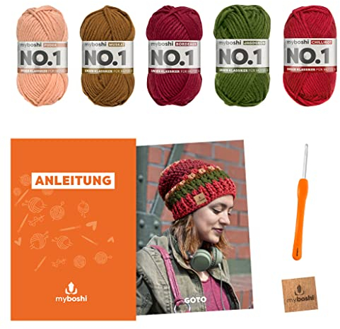 myboshi Häkelset Mütze Goto, inkl. No.1 Wolle, Nadel und Anleitung, für Mützen und Schals, Häkelpaket, 30% Merinowolle Rot mit Rundstricknadel