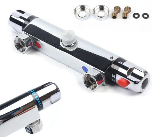 Thermostat für Duschsystem, Duscharmatur Ersatzteile,Duschthermostat Brausebatterie Brausethermostat Mischbatterie für Bad Küche Wandarmaturen mit 38 °C Sicherheitstaste Verbrühschutz, Chrom, Silber