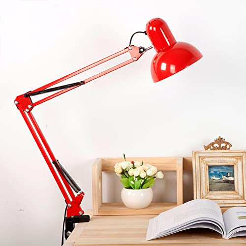 Lamp de Bureau À Pince LED, Desk Lamp, Lampe de Chevet à Pince, E27 Lampe de table Métal Bras Oscillant avec interrupteur Rétro Liseuse Lampe Bedroom Reading Train De Lire en Train D'étudier (Rouge)