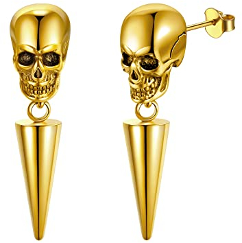 U7 Goldene Ohrring Edelstahl Herren Ohrringe Totenkopf Ohrstecker mit Kegel Anhänger Creolen Gold Vintage Gothic Skull Schädel Ohrstecker Totenschädel Ohr Piercing Ohrschmuck Modeschmuck für Vater