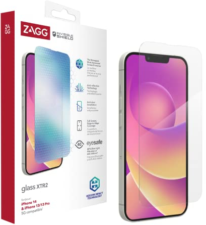 ZAGG InvisibleShield XTR2 Displayschutzfolie aus Glas für iPhone 14/13 & 13 Pro (nicht kompatibel mit iPhone 14 Pro), stoßfest, antimikrobiell, berührungsempfindlich, glasähnlich, (klar)