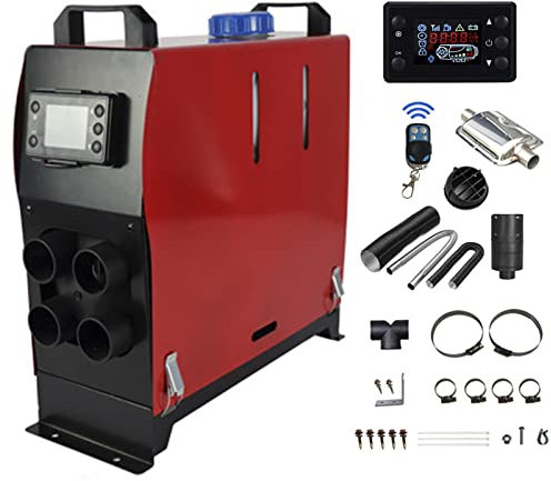 Calentador de Aire Diesel 24V 5KW, Calefacción Estacionaria con Pantalla LCD Silenciador y Control Remoto, Calentador de Estacionamiento para SUV Furgoneta Automóvil Camiones,Rojo,4 Holes