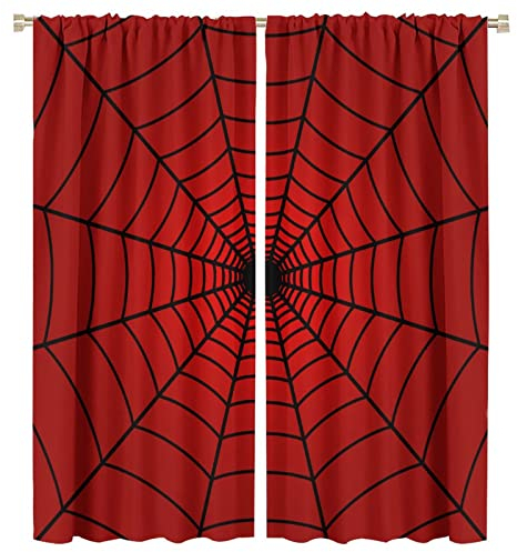 Hero Spinnennetz-Fenstervorhänge für Kinder, schwarzes Spinnennetz, rote Vorhänge, Verdunkelungsstange, Taschenfenster, Behandlungen für Jungen, Mädchen, Baby, Kinderzimmer, Kleinkind,