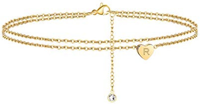 TINGN 14K Gold Gefüllt Mehrreihige Handgefertigt Geschichtet Fußkettchen für Damen mit Herz Buchstaben - Sommer Strand Schmuck Geschenke für Frauen