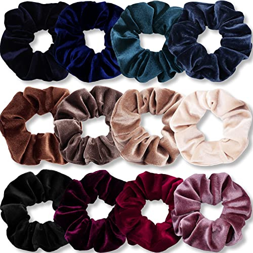 IVARYSS Velvet Scrunchies, 12 Pcs Dark Colors Classic Elastic Thick Scrunchy Hair Bands Ties, Soft Ropes Ponytail Holder Hair Accessories