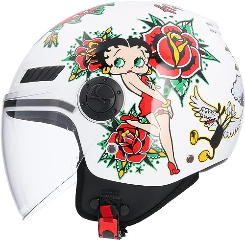 Motorradhelm, Jethelm, ECE-geprüft, La Betty, Weiß, Größe XS (53/54), Motorradhelm für Herren, Damen