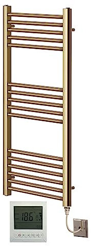 Greened House Electric Brushed Brass Straight Heated Towel Rail 500mm Wide x 1000mm High Flat Towel Radiator + Timer and Thermostat