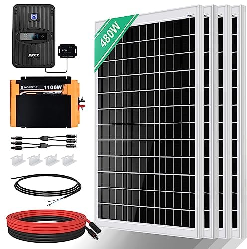 ECO-WORTHY 2KWH Solaranlage Komplettset 480W 12Volt für RV Off Grid mit Batterie und Wechselrichter: 480W Solarpanel+ 40A MPPT Laderegler +1100W Wechselrichter