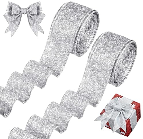 Schleifenband, Geschenkband Weihnachten, 2 Roll Weihnachtsbänder, 20 Yards silver Decorative Ribbon, Weihnachten Glitter Ribbon, Weihnachtsbaum Dekoband,