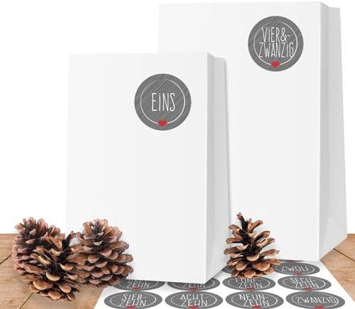 24 Adventskalender Kraftpapiertüten mit 24 weihnachtlichen Aufkleber-Zahlen „Schick & Grau“für den Adventskalender zum Basteln, selber Befüllen und Verschenken