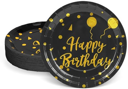 SKBATTERRS 50 Pcs Paper Plates Set, Disposable Tableware Decorations Birthday Party Supplies (Black Birthday, 17.8 cm/7 inch)