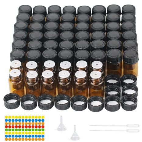 Dondeen Lot de 60 bouteilles en verre vides marron de 2 ml, mini bouteilles en verre avec réducteurs d'orientation, flacons à échantillons vides, rechargeables pour mélanges d'huile, parfums, produits