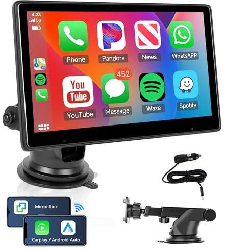 Wireless Apple Carplay & Android Auto Tragbares Autoradio Unterstützung für YouTube, 10.1 Zoll IPS Touchscreen Portable Autoradio mit Airplay/Android Cast/Bluetooth/FM Transmitter/Siri/AUX/USB/TF/EQ