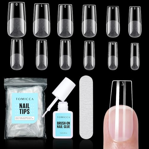 TOMICCA Medium Square Nail Tip and Glue Kit, 240Pcs Square False Nail Tips with Air Dry Super Strong Nail Glue&Nail File, Acrylic False Nails Kit, Nail Art Manicure Gift for Girls Women, 12 Sizes