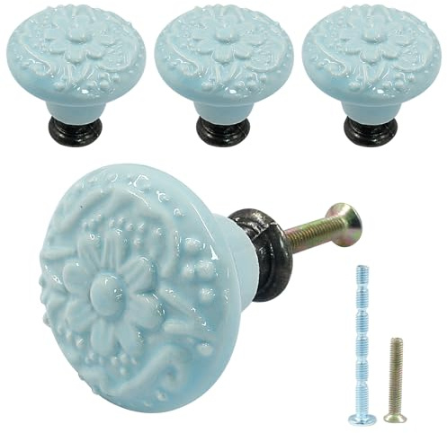 Piutouyar Himmelblaue Keramikknäufe, Küchenschrankknäufe, Retro-Kommodenknöpfe, Schubladenknöpfe, Möbelknöpfe und Griffe für Schubladen, Kommoden, Schrank, 34 mm Durchmesser, 4 Stück