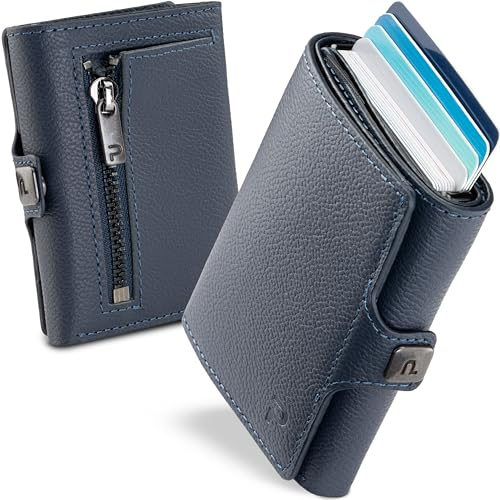 PURISTO KLIK Classic Slim Wallet mit Münzfach - Mini-Geldbörse für Herren aus Echtleder - Kleines Kartenetui mit RFID-Schutz für 10-14 Karten - Dunkelblau