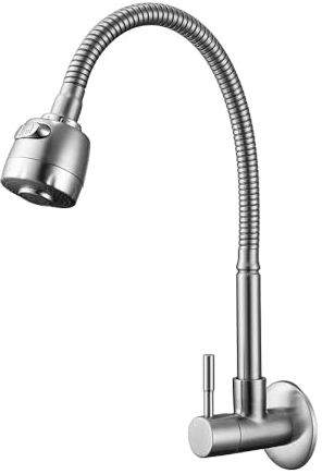 HOMELODY Wasserhahn Küche Wandmontage nur Kaltwasser Armatur Wandarmatur 360° Schwenkbar Doppelfunktion, Edelstahl Gebürsteter Nickel Federhahn