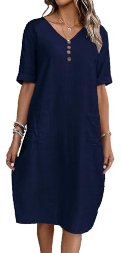 RosyWing Sommerkleid Damen Leinenkleid Leicht V Ausschnitt Strandkleid Halbarm Midikleid Locker Knielang Knöpfe Kleid mit Taschen Navy blau M