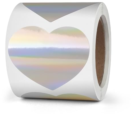 YIKIADA Silber Herz Thermo Etiketten Vinyl 50 mm Holographic Rolle Selbstklebend Wasserdicht Aufkleber für Logo Barcode QR Code Kinder Office Home 200 Stück